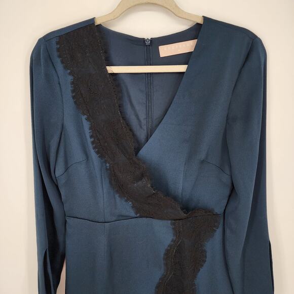 Keepsake The Label Mini Dress M Satin Lace Trim Long Flare Sleeve Blue Black - Picture 8 of 15